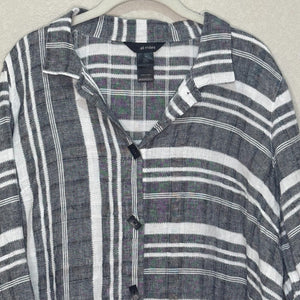 Ali Miles Womens Tunic Top Size 1X Linen Black Grey White Stripes Buttons Artsy - Flair - Style