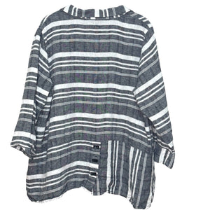 Ali Miles Womens Tunic Top Size 1X Linen Black Grey White Stripes Buttons Artsy - Flair - Style