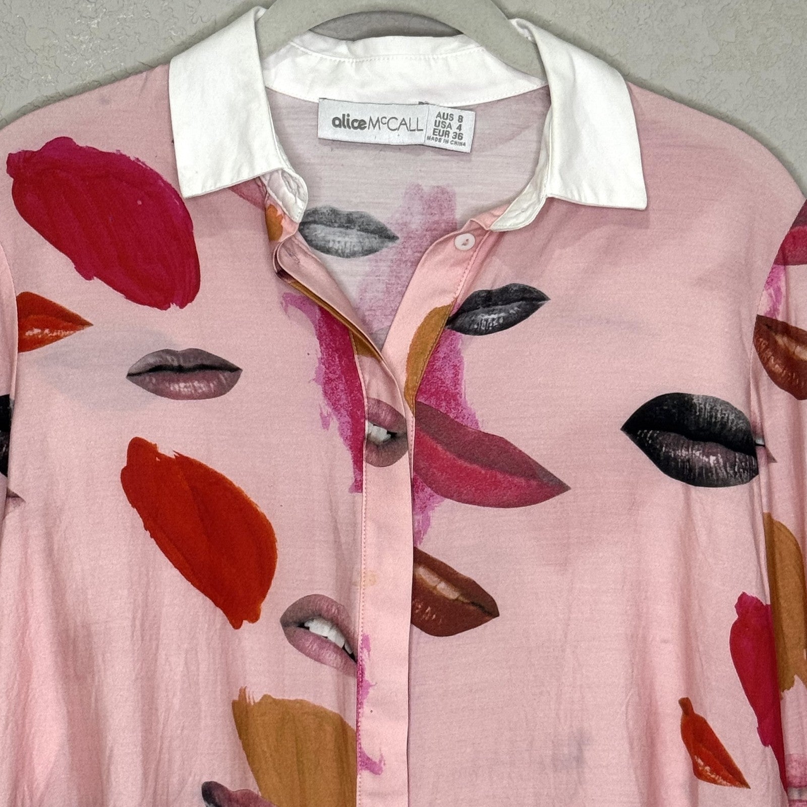 Alice McCall Shirt Womens Small Pink Lips Print White Collar Long Sleeve Button - Flair - Style