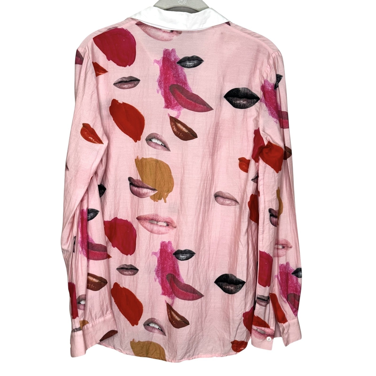 Alice McCall Shirt Womens Small Pink Lips Print White Collar Long Sleeve Button - Flair - Style