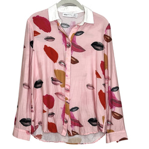 Alice McCall Shirt Womens Small Pink Lips Print White Collar Long Sleeve Button - Flair - Style