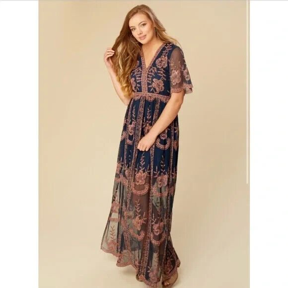 Altar'd State Maxi Dress Size Small Blue Floral Catania Embroidered Lace - Flair - Style