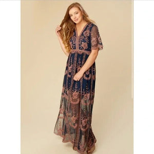 Altar'd State Maxi Dress Size Small Blue Floral Catania Embroidered Lace - Flair - Style