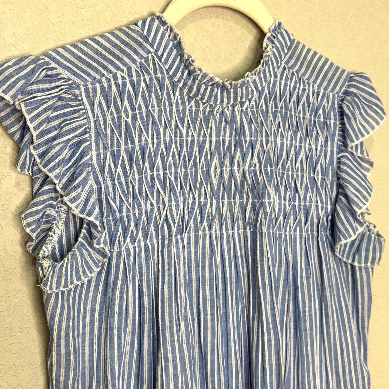 Anthropologie Blouse Size XS Vintage Charm Ruffled Peplum Blue Striped Flutter - Flair - Style