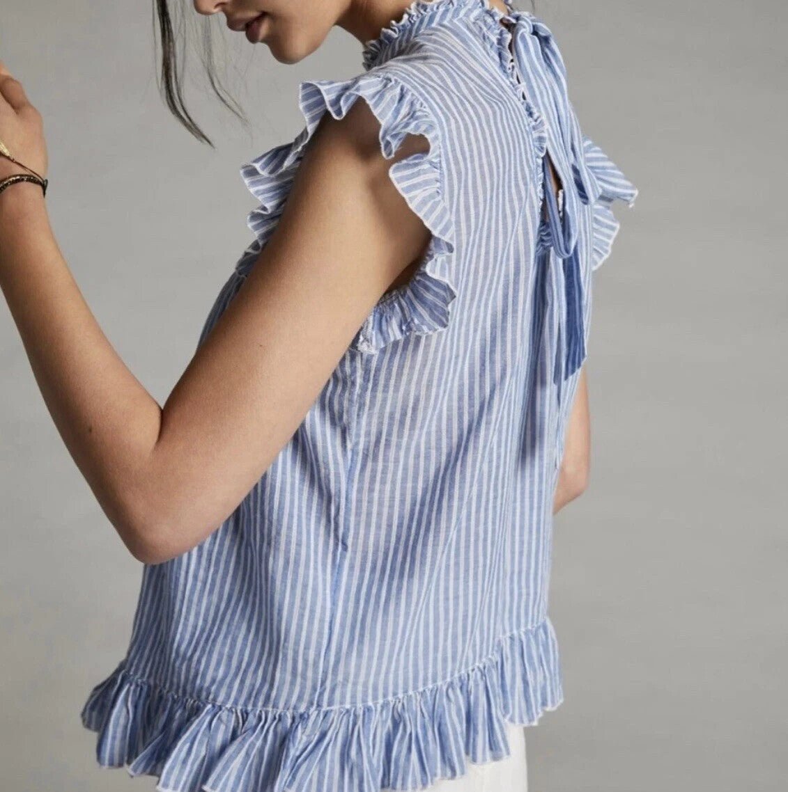 Anthropologie Blouse Size XS Vintage Charm Ruffled Peplum Blue Striped Flutter - Flair - Style