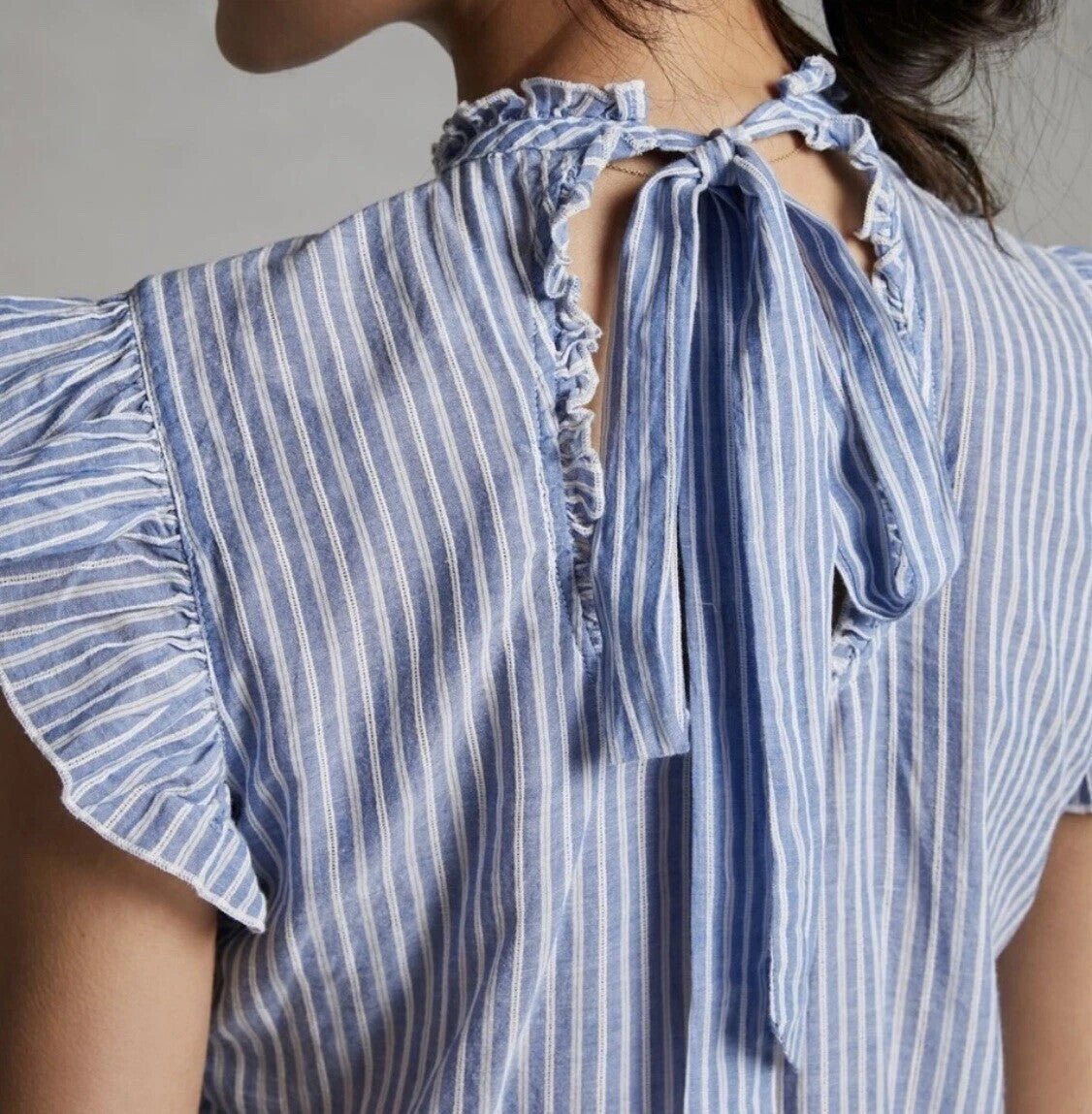 Anthropologie Blouse Size XS Vintage Charm Ruffled Peplum Blue Striped Flutter - Flair - Style