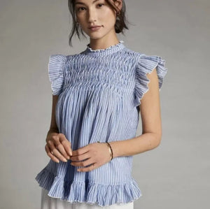 Anthropologie Blouse Size XS Vintage Charm Ruffled Peplum Blue Striped Flutter - Flair - Style