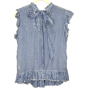 Anthropologie Blouse Size XS Vintage Charm Ruffled Peplum Blue Striped Flutter - Flair - Style