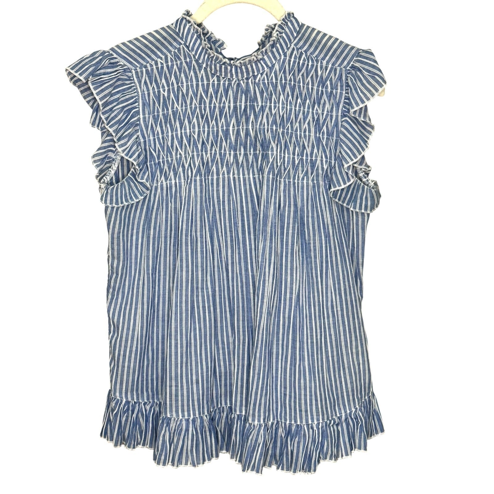 Anthropologie Blouse Size XS Vintage Charm Ruffled Peplum Blue Striped Flutter - Flair - Style