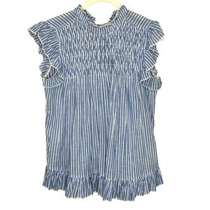 Anthropologie Blouse Size XS Vintage Charm Ruffled Peplum Blue Striped Flutter - Flair - Style