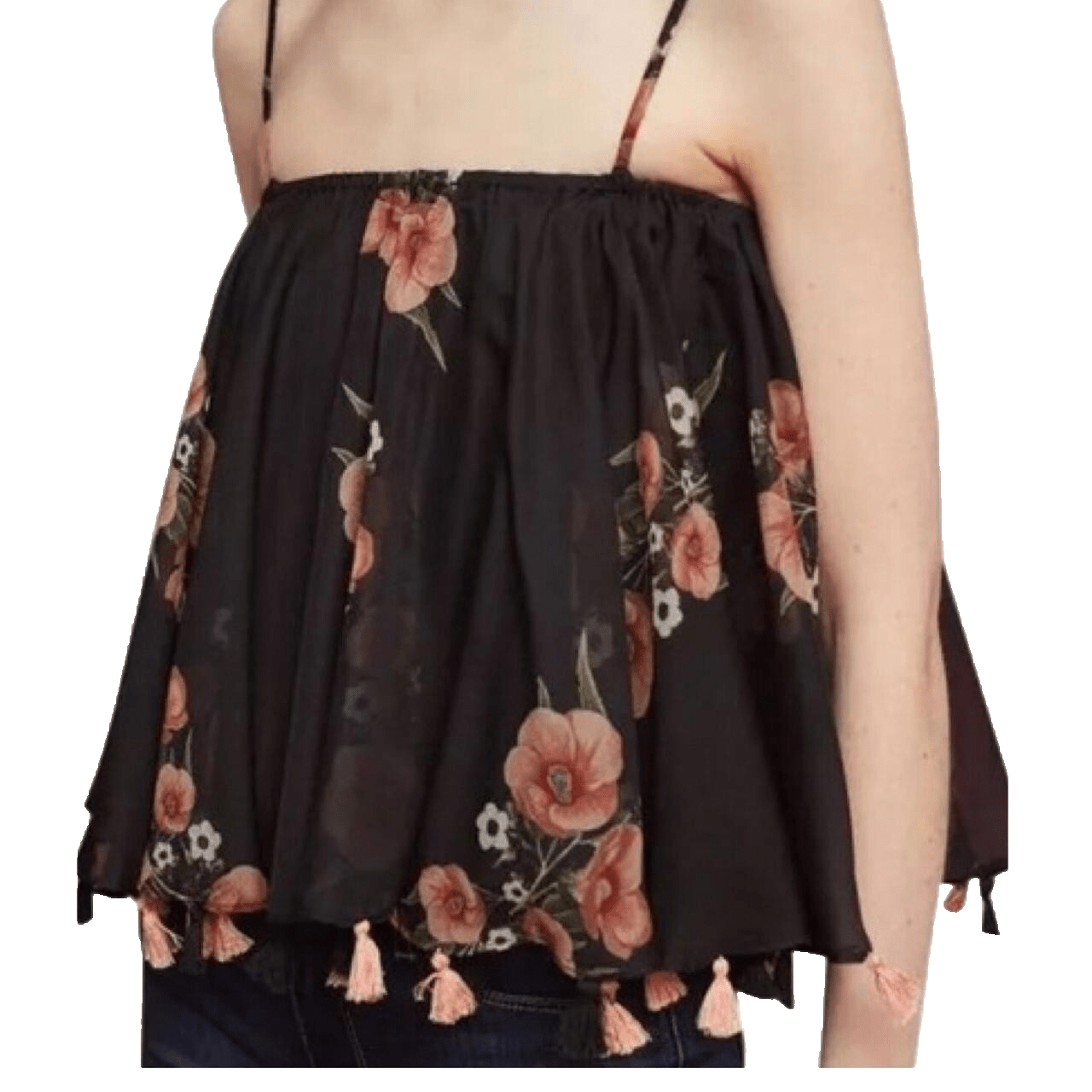 Anthropologie Carolina K Top Size Small Black Floral Tassel Hem Boho Festival - Flair - Style