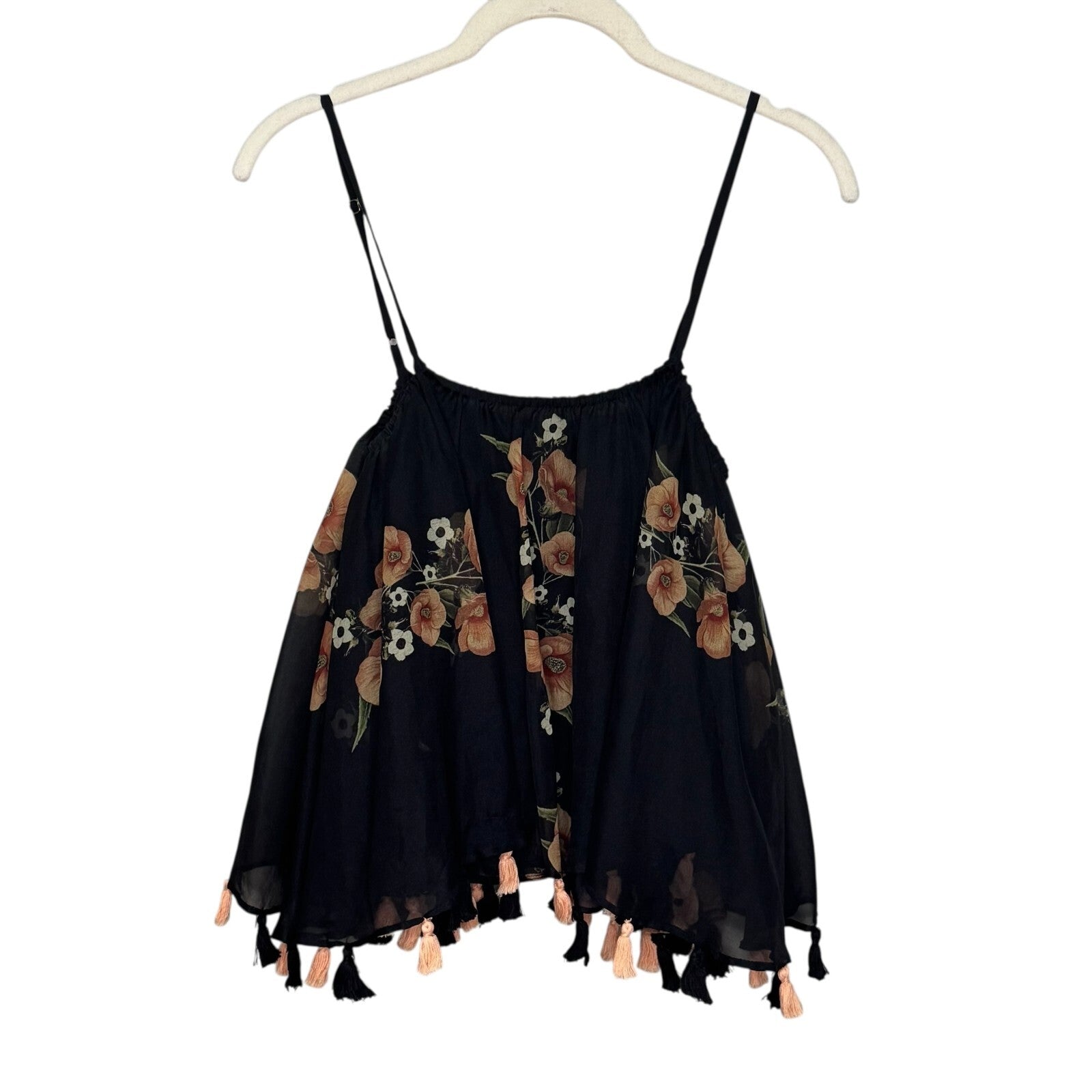 Anthropologie Carolina K Top Size Small Black Floral Tassel Hem Boho Festival - Flair - Style