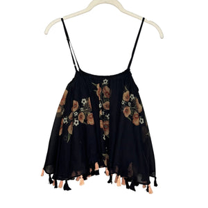 Anthropologie Carolina K Top Size Small Black Floral Tassel Hem Boho Festival - Flair - Style