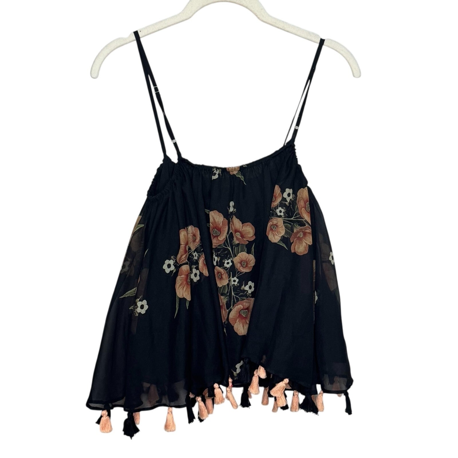 Anthropologie Carolina K Top Size Small Black Floral Tassel Hem Boho Festival - Flair - Style