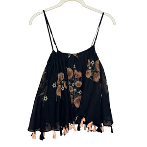 Anthropologie Carolina K Top Size Small Black Floral Tassel Hem Boho Festival - Flair - Style