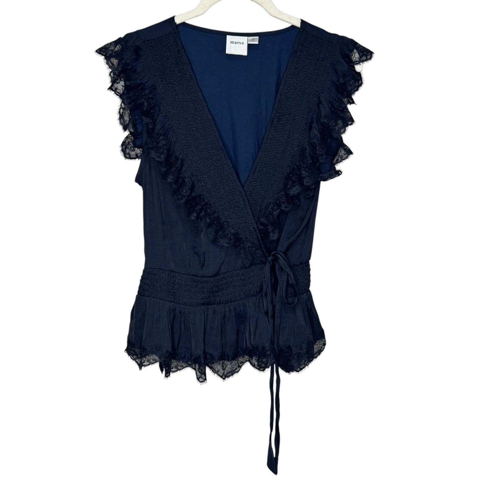 Anthropologie Maeve Black Lace Trim Top Size Medium Sleeveless Wrap Top - Flair - Style