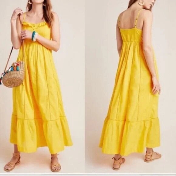 Anthropologie Maeve Maxi Dress Size 14 Petite NEW Yellow Pintuck Button Front - Flair - Style