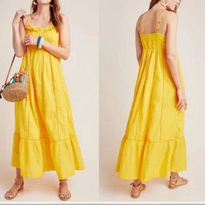 Anthropologie Maeve Maxi Dress Size 14 Petite NEW Yellow Pintuck Button Front - Flair - Style