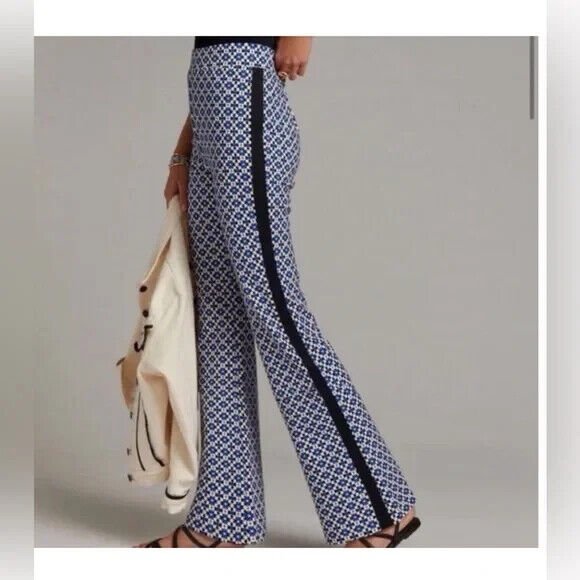 Anthropologie Maeve Ponte Flair Pants Size Medium Blue Black White Geometric - Flair - Style