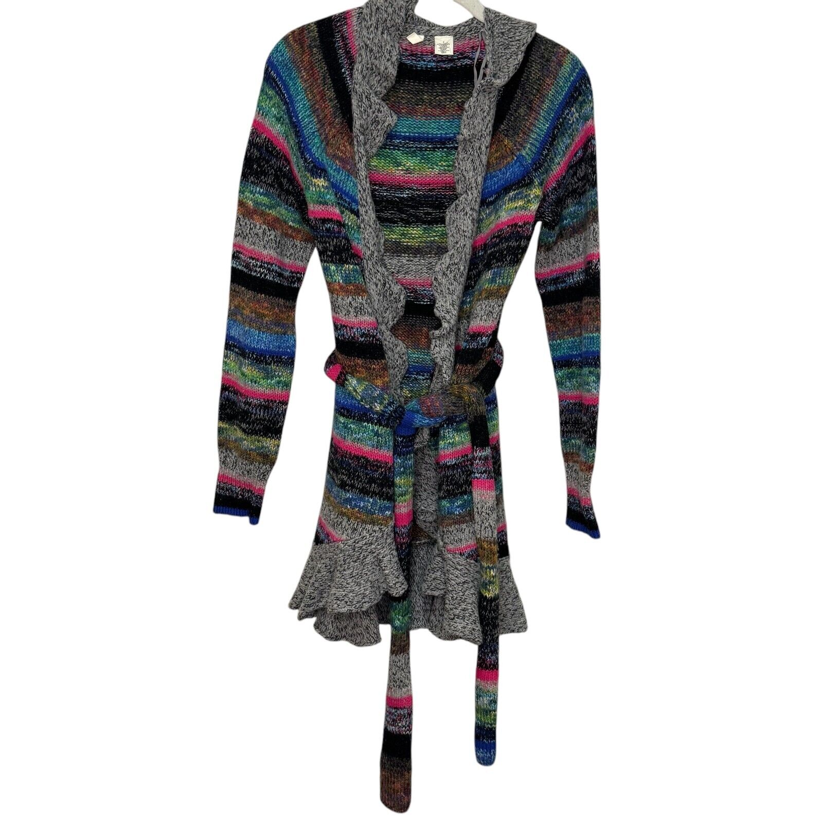Anthropologie Moth Cardigan Sweater Size Small Bright Stripes Rainbow Belted - Flair - Style