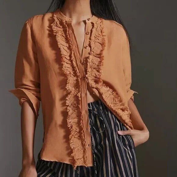 Anthropologie Pilcro Button Down Ruffle Placket Shirt Size XS Linen Brown Honey - Flair - Style