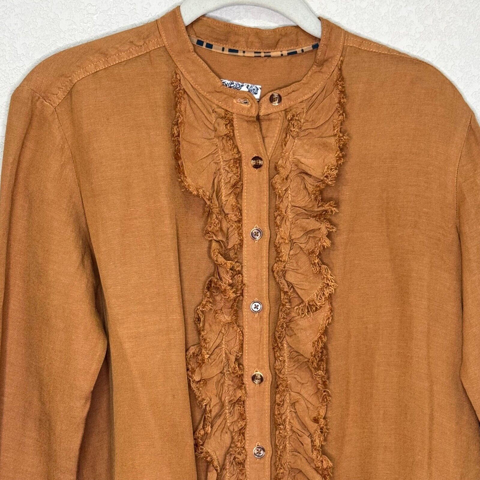 Anthropologie Pilcro Button Down Ruffle Placket Shirt Size XS Linen Brown Honey - Flair - Style