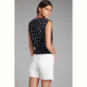 Anthropologie Top Size Small Black White Motif V Neck Tie Waist Surplice Blouse - Flair - Style