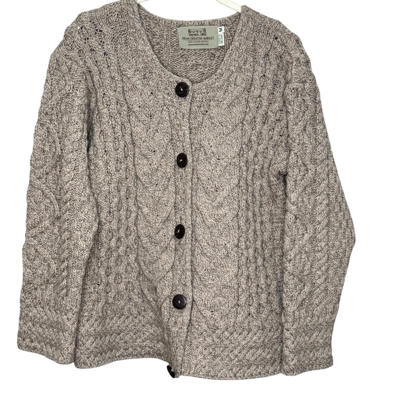 Aran Irish Wool Cardigan Womens Size Medium Oatmeal Beige Made In Ireland - Flair - Style