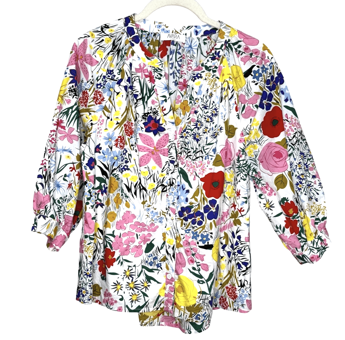 Avara Blouse Womens XS White Multi Floral Button Front Lightweight Top Cotton - Flair - Style