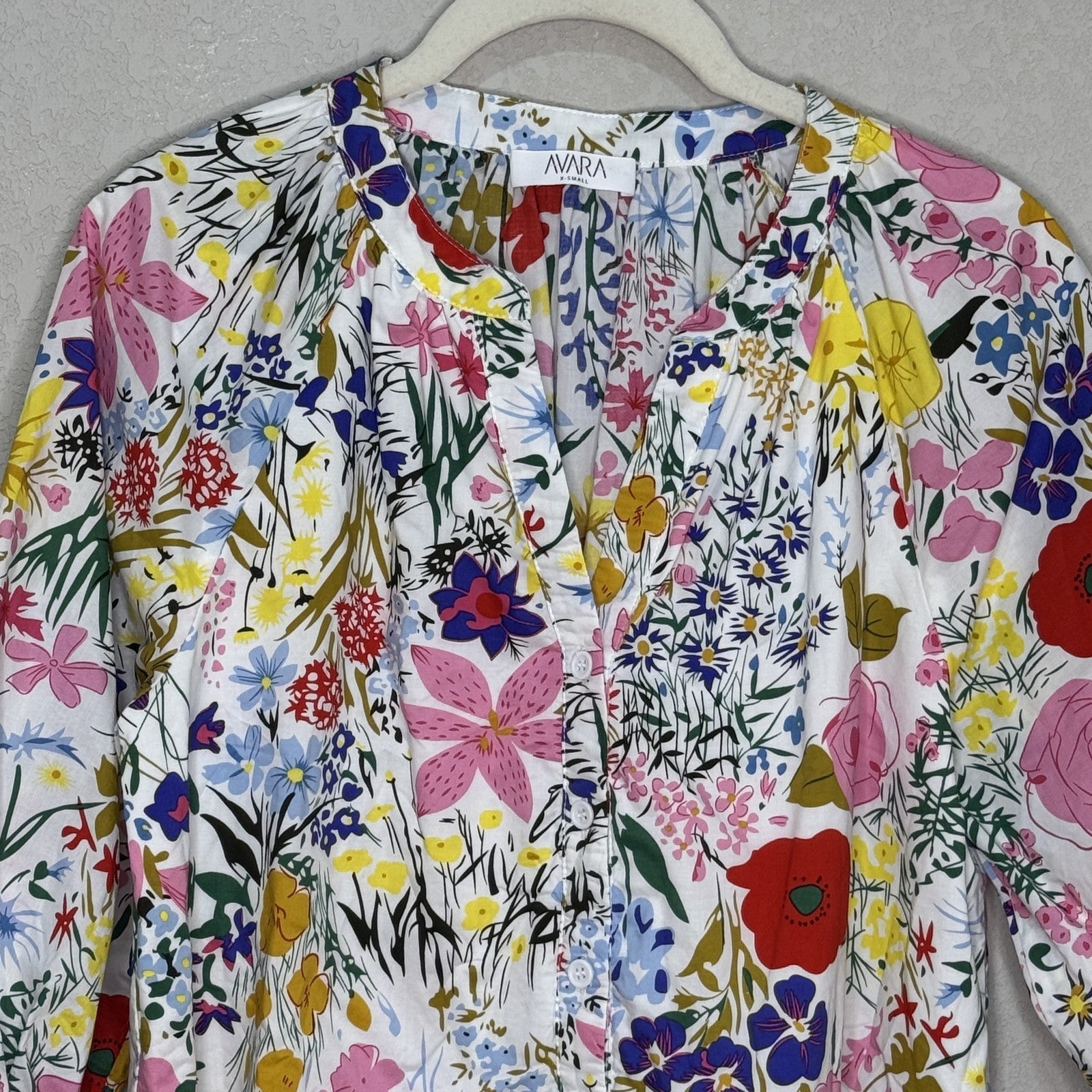 Avara Blouse Womens XS White Multi Floral Button Front Lightweight Top Cotton - Flair - Style
