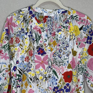 Avara Blouse Womens XS White Multi Floral Button Front Lightweight Top Cotton - Flair - Style