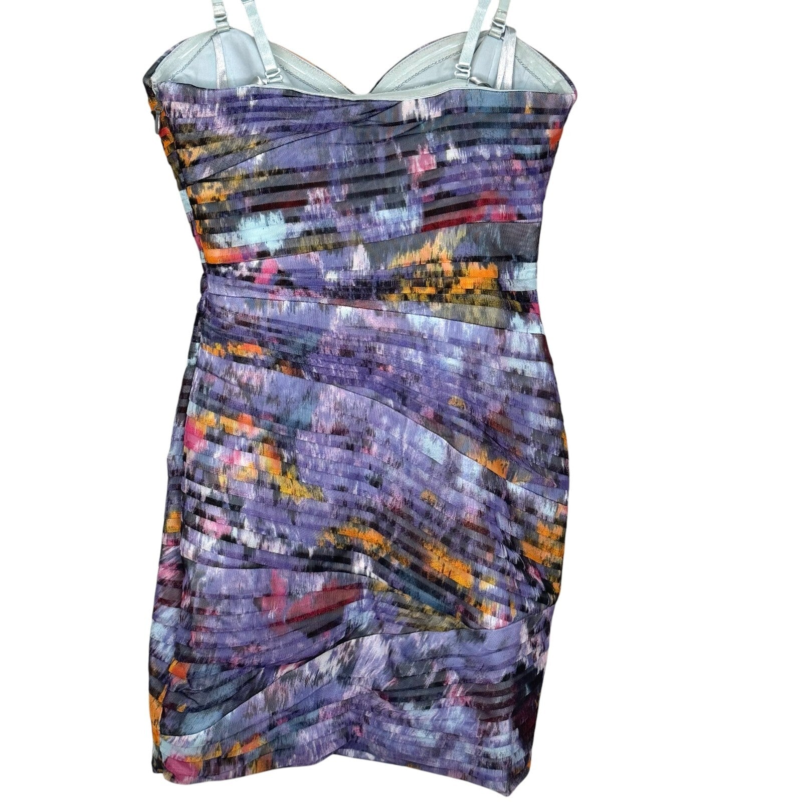 BCBGMAXAZRIA Mini Dress Size 2 Purple Watercolor Ruched Bodycon Strapless Straps - Flair - Style