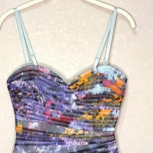 BCBGMAXAZRIA Mini Dress Size 2 Purple Watercolor Ruched Bodycon Strapless Straps - Flair - Style