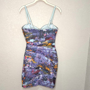 BCBGMAXAZRIA Mini Dress Size 2 Purple Watercolor Ruched Bodycon Strapless Straps - Flair - Style