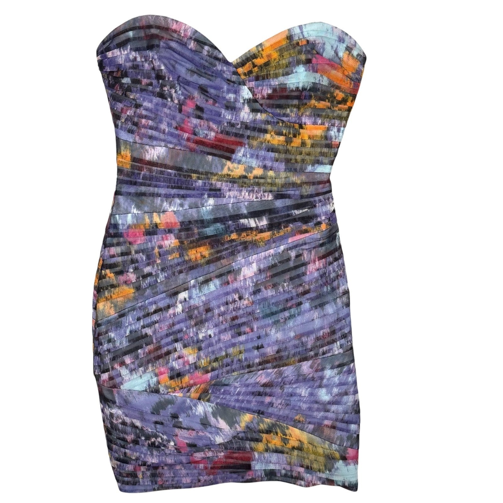 BCBGMAXAZRIA Mini Dress Size 2 Purple Watercolor Ruched Bodycon Strapless Straps - Flair - Style