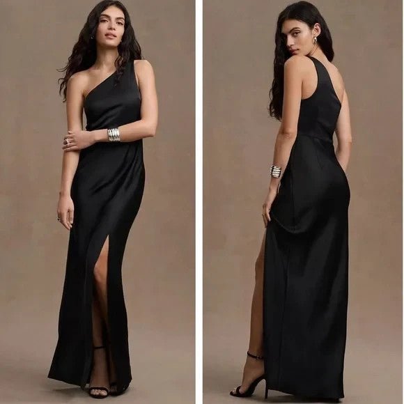 BHLDN Dress Dylan 10 Black One Shoulder Maxi Formal Evening Gown Slit Elegant - Flair - Style