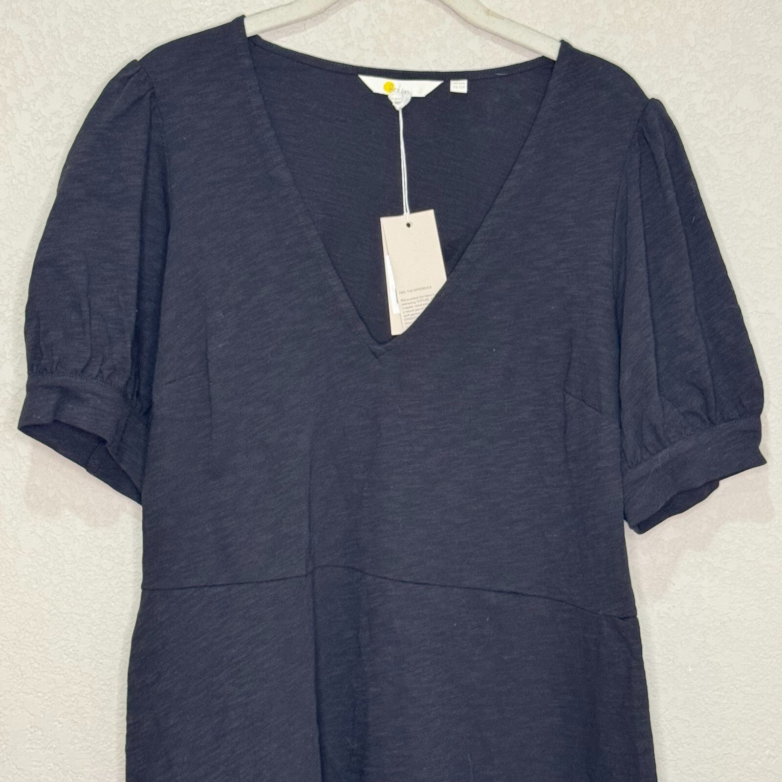 Boden Black V - Neck Jersey Mini Dress Size 12 NEW Pleat Detail Cotton - Flair - Style
