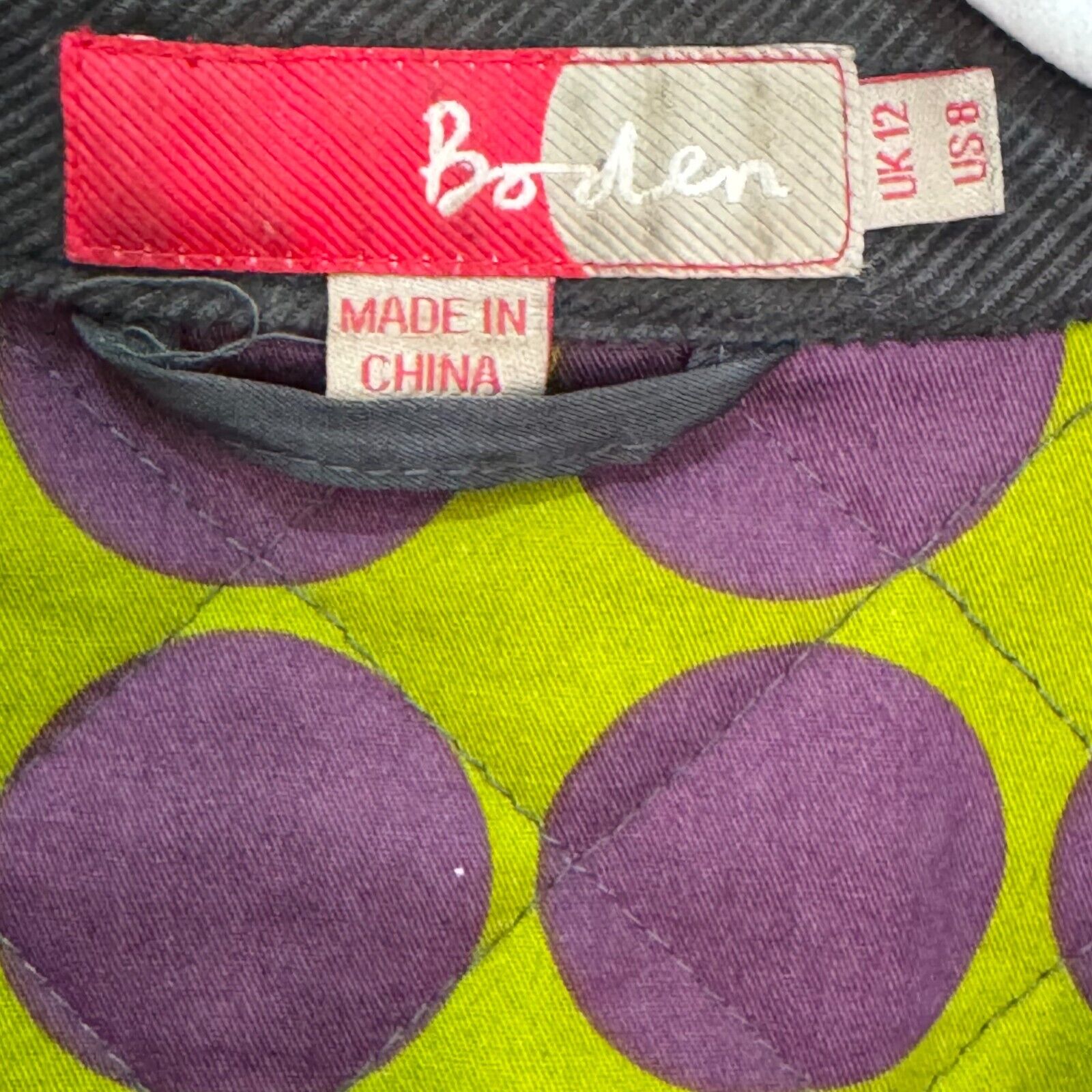 BODEN Dark Green Gray Quilted Field Jacket Size 8 Corduroy Collar - Flair - Style