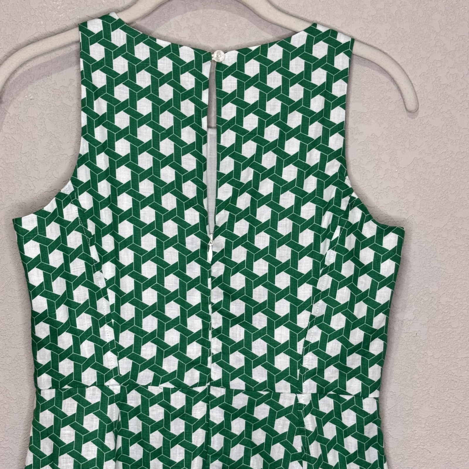Boden Dress Womens 2P Green White Geometric Sleeveless Midi 100% Linen Pockets - Flair - Style