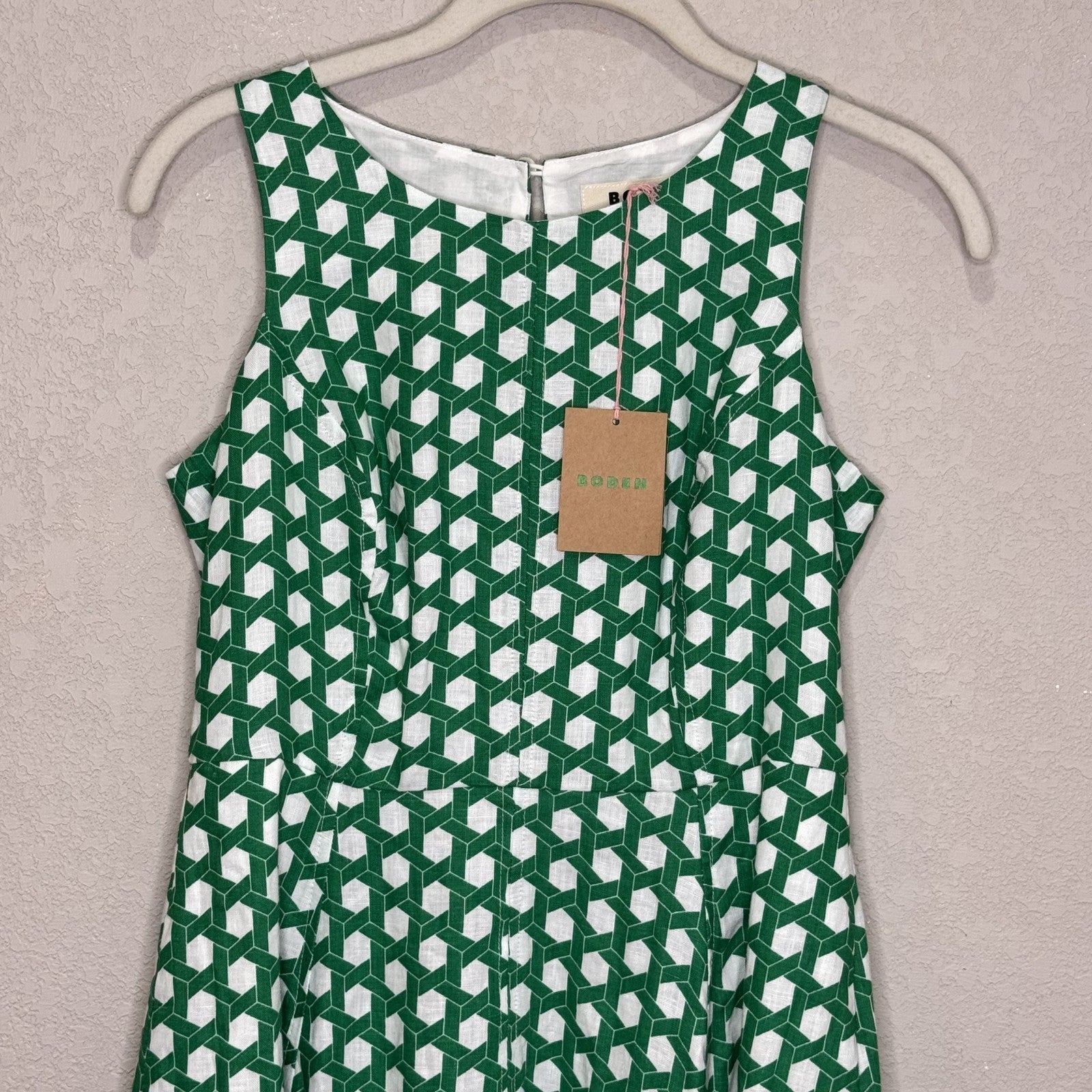 Boden Dress Womens 2P Green White Geometric Sleeveless Midi 100% Linen Pockets - Flair - Style