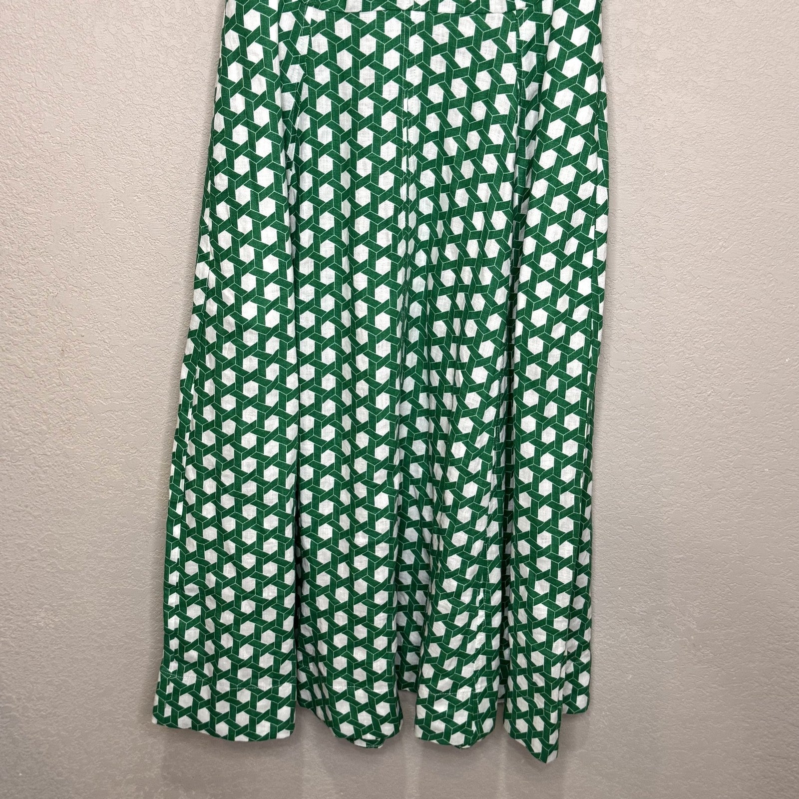 Boden Dress Womens 2P Green White Geometric Sleeveless Midi 100% Linen Pockets - Flair - Style