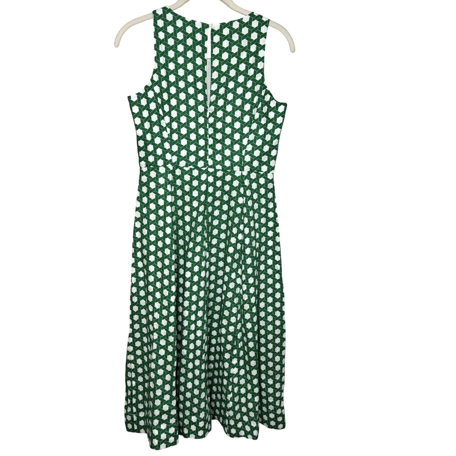Boden Dress Womens 2P Green White Geometric Sleeveless Midi 100% Linen Pockets - Flair - Style