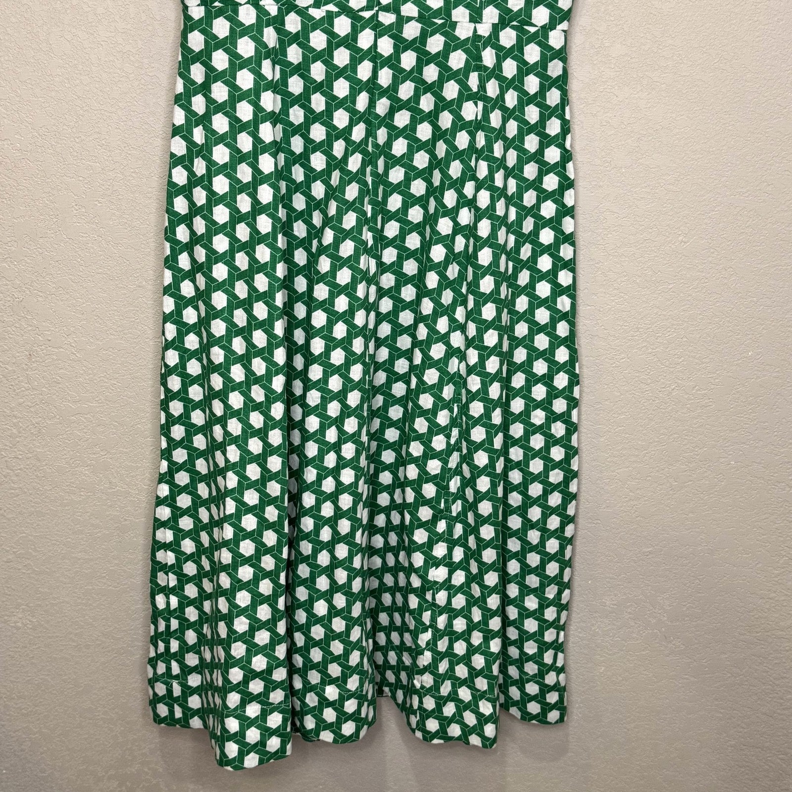 Boden Dress Womens 2P Green White Geometric Sleeveless Midi 100% Linen Pockets - Flair - Style