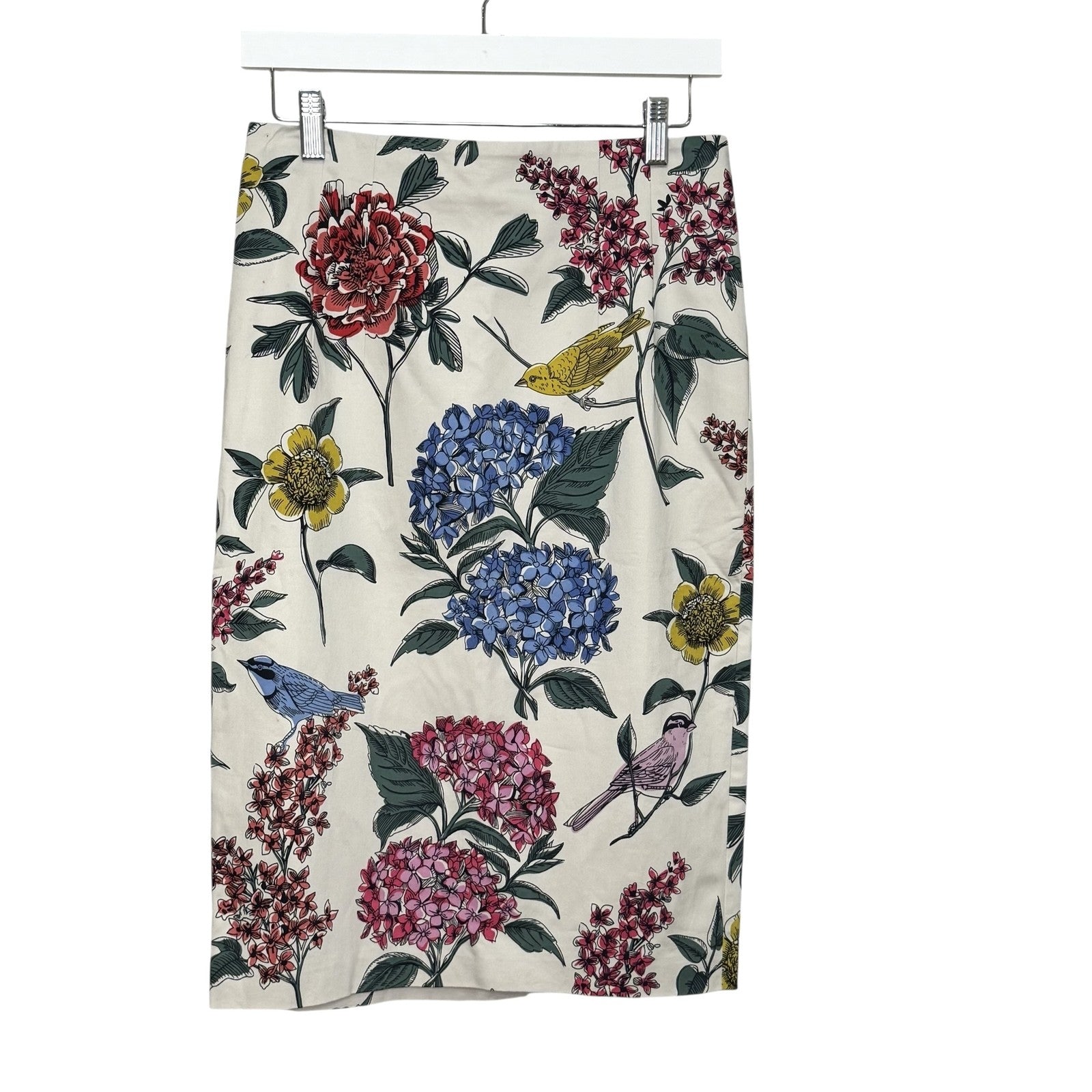 Boden Skirt Womens 6 Ivory Floral Bird Pencil Cotton Blend Lined 25.5" Midi - Flair - Style