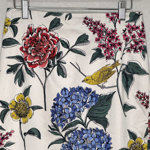 Boden Skirt Womens 6 Ivory Floral Bird Pencil Cotton Blend Lined 25.5" Midi - Flair - Style