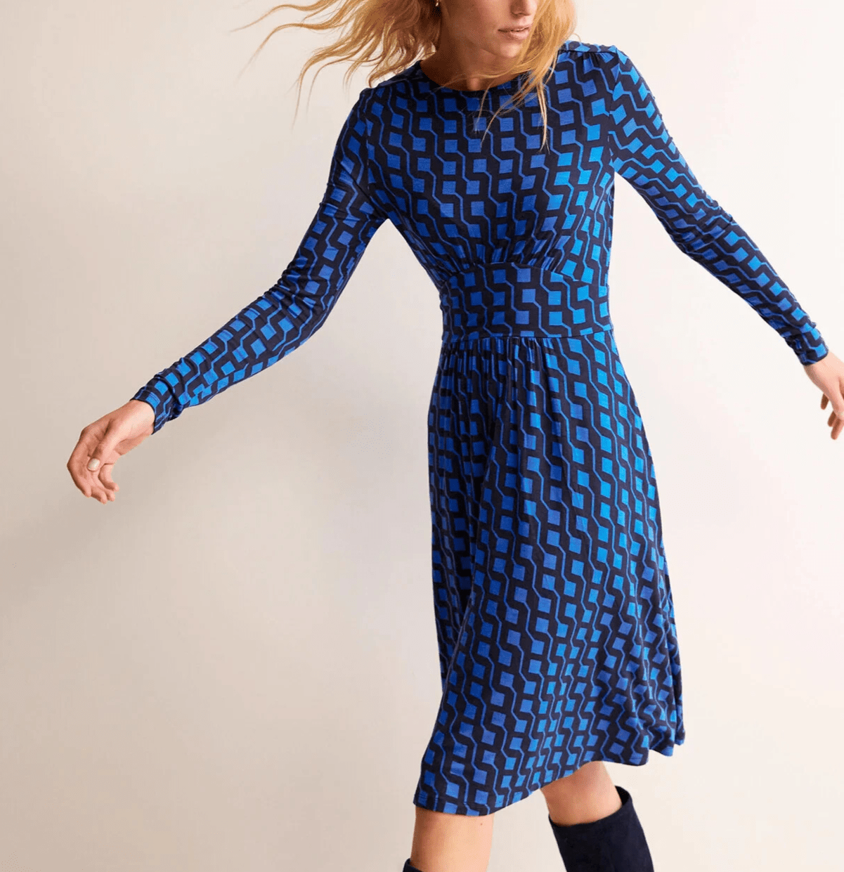 Boden Thea Midi Dress Size 10 Bright Cobalt Blue Black Jersey Dress Geo Print - Flair - Style