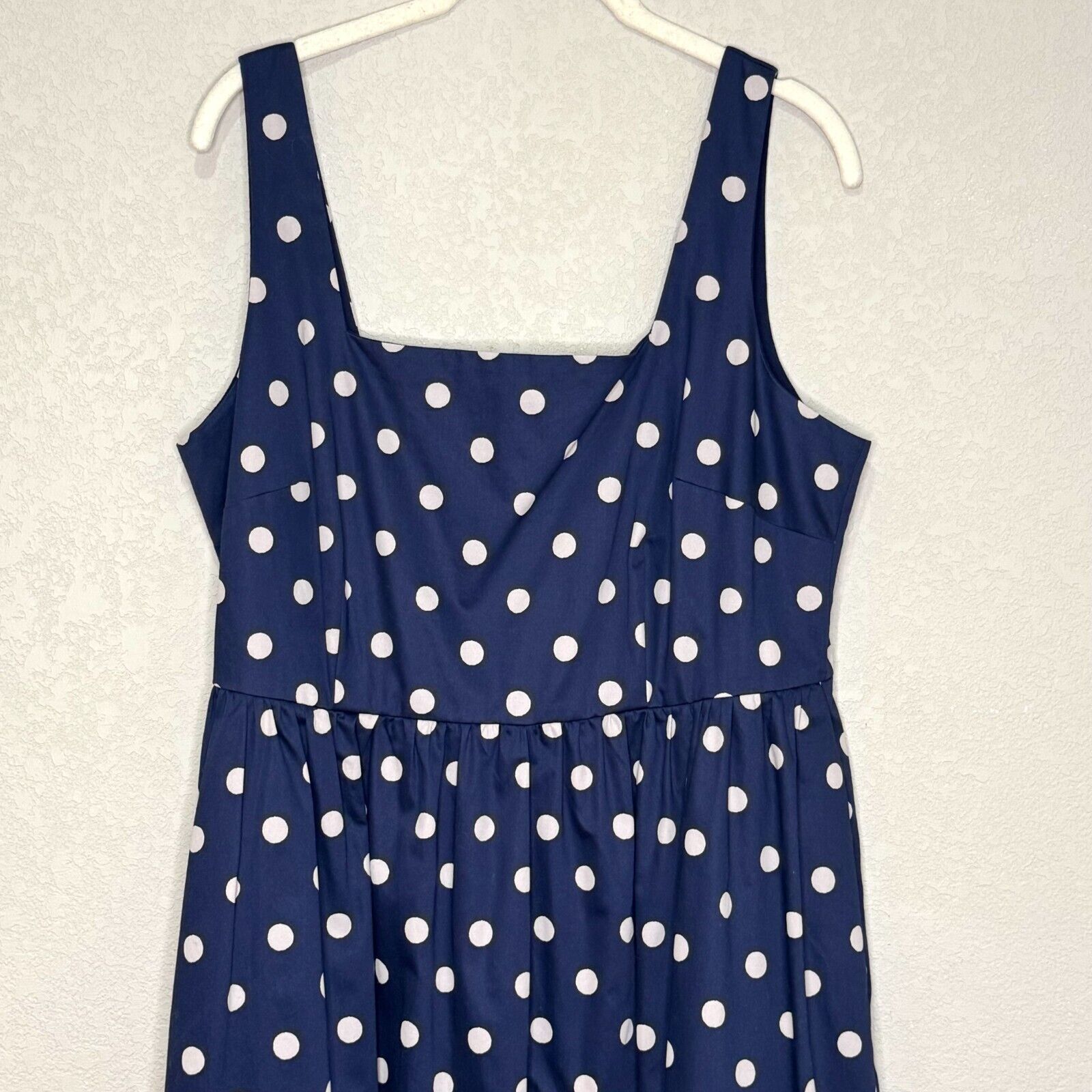 Boden Violet Square Neck Midi Dress Size 10 in Navy Blue White Dot - Flair - Style
