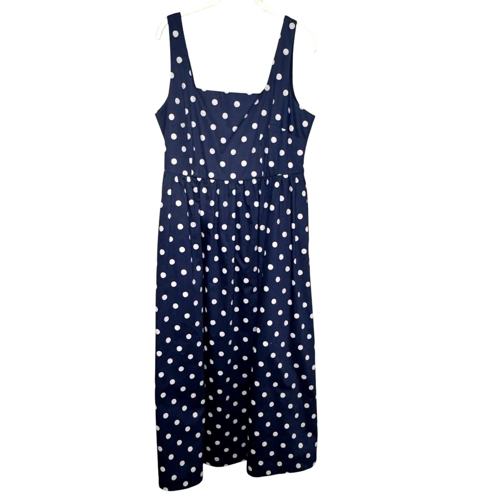 Boden Violet Square Neck Midi Dress Size 10 in Navy Blue White Dot - Flair - Style