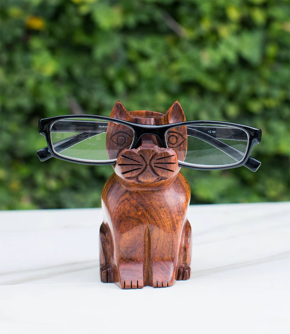 Cat Eyeglass Holder Stand in Hand Carved Wood - Flair - Style