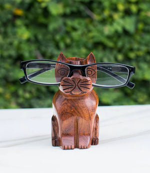 Cat Eyeglass Holder Stand in Hand Carved Wood - Flair - Style